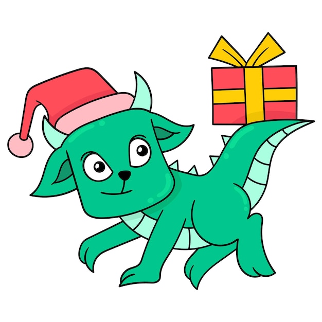 Vettore dinosaur kid festeggia il natale portando regali illustrazione vettoriale arte doodle icona immagine kawaii