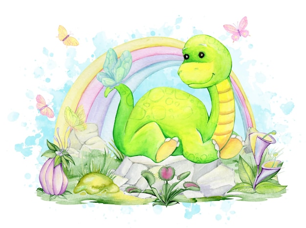 Un dinosauro, sdraiato sulle rocce, sullo sfondo di un arcobaleno, farfalle. acquerelli, clipart.