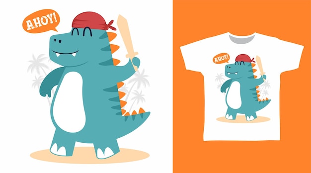Динозавры пираты мультяшный дизайн футболки арт
