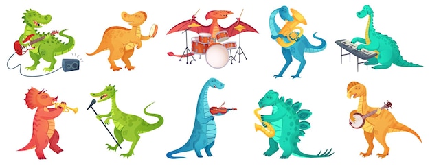 공룡 놀이 음악. Tyrannosaurus 록 스타 플레이 기타, 디노 드러머 및 만화 공룡 음악가 그림 세트.