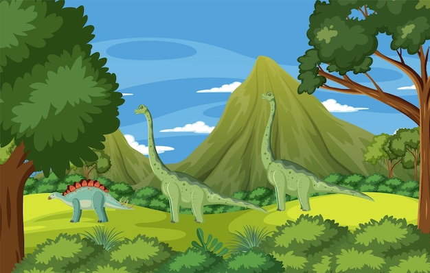 Vector dinosaur in prehistoric forest scene