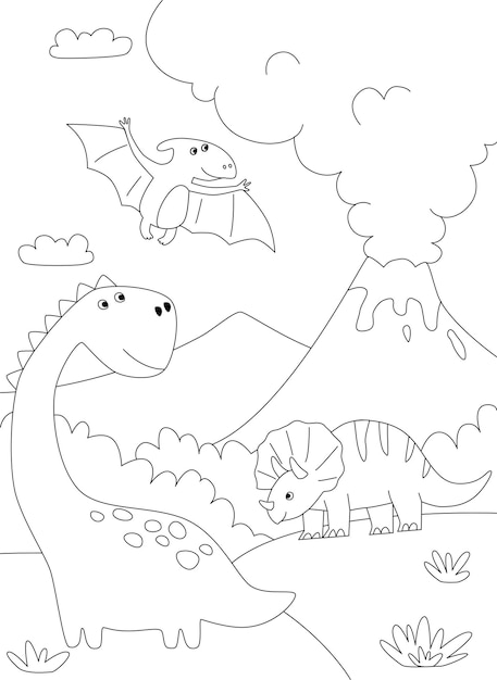 A dinosaur prehistoric landscape scene Vector printable coloring page for children in cartoon style