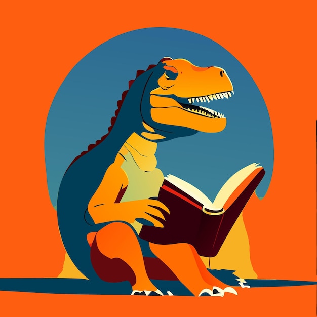 本を読んでいる恐竜ベクトル イラスト フラット