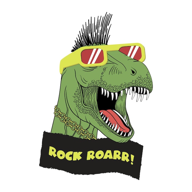 선글라스와 펑크 헤어 벡터 삽화가 있는 공룡 렉스 티셔츠 인쇄 및 기타 용도