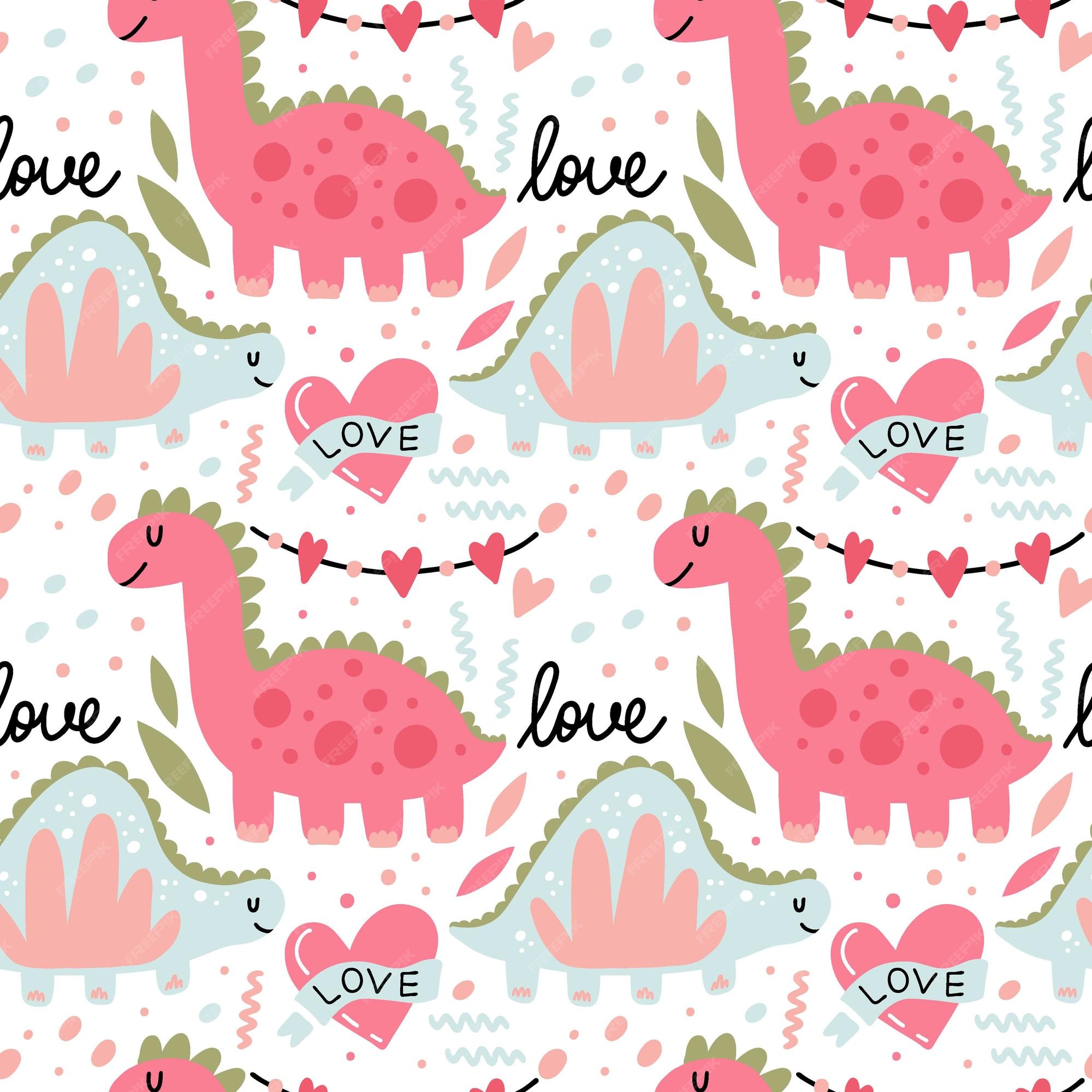 Premium Vector | Dinosaur romantic seamless pattern cute pink ...