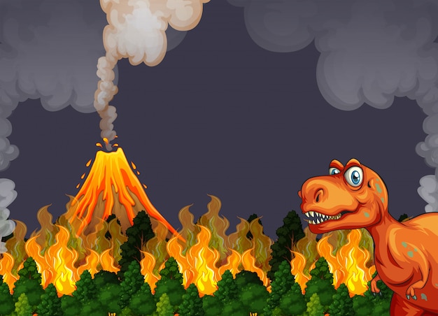 A dinosaur run away from volcano eruption