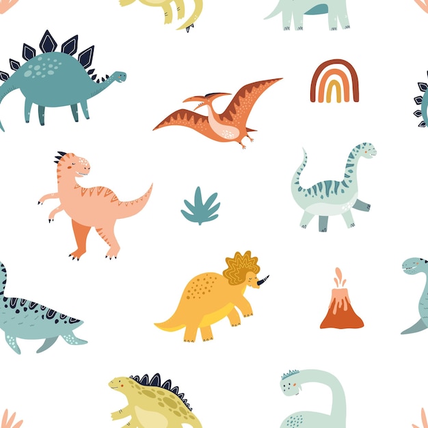 Бесшовный узор из динозавров. Рисованной векторные иллюстрации для упаковки или текстильного дизайна