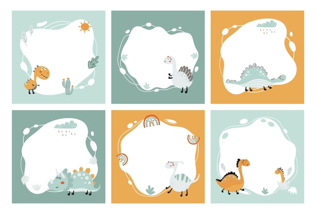 Vector dinosaur set of frames for kids photos templates or invitations