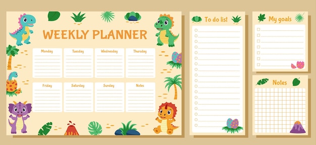 dinosaur set of weekly planner to do list goals and notes set with dinosaurs and tropical plants