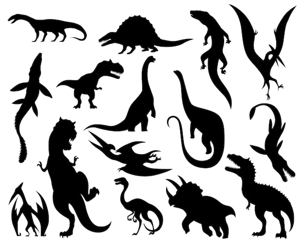 Vector dinosaur silhouettes set dino monsters icons shape of real animals sketch of prehistoric reptiles vector illustration isolated on white hand drawn sketches