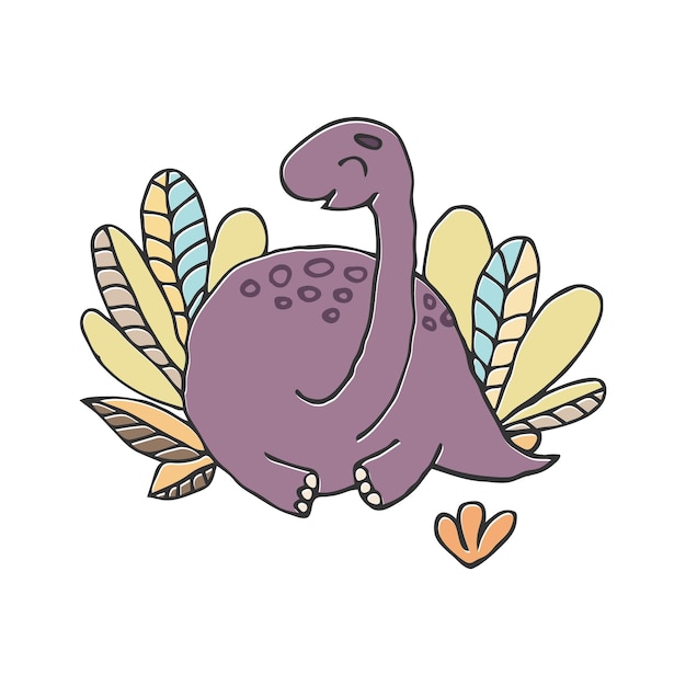 Места динозавров в тропических кустах молодые и фиолетовые Симпатичные иллюстрации для мальчиков и девочек, принты на футболках и детский или детский дизайн