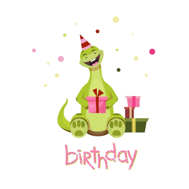 Vector dinosaur smiles with gifts and happy birthday inscription vector graphics isolated on a white background