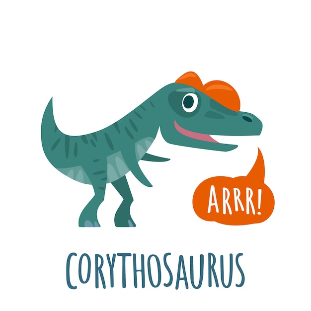 Il dinosauro parla arrr illustrazione piatta colorata vettoriale lettering corythosaurus