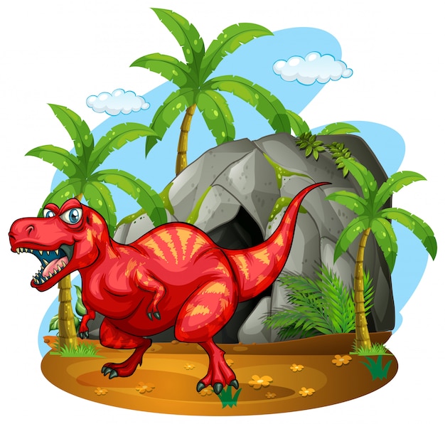 Dinosaur standing in front of the cave