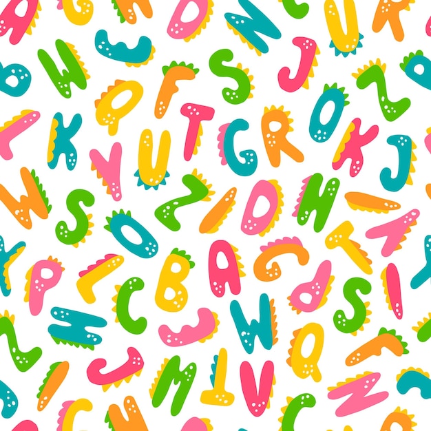 Vector dinosaur style english alphabet cute colorful seamless pattern for kids