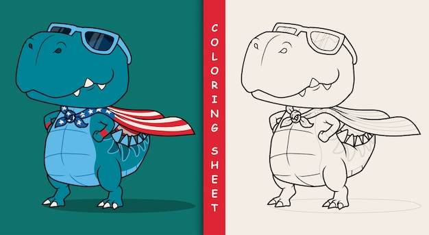 Dinosaur super hero cartoon. Coloring sheet.