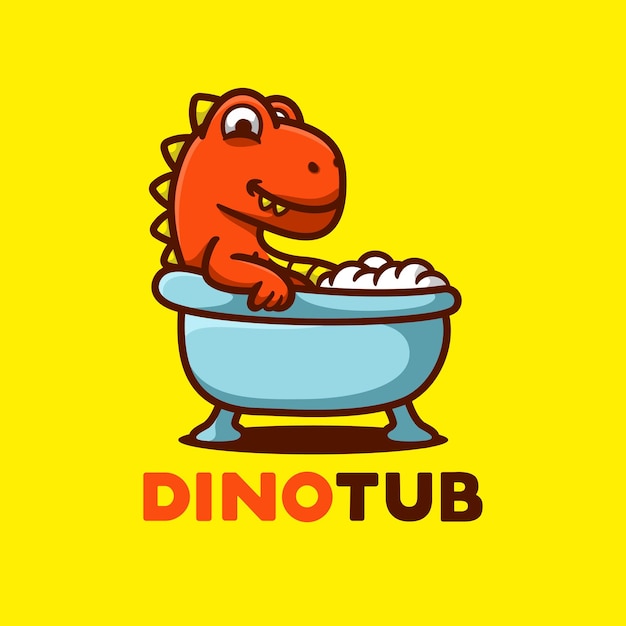 Динозавр принимает ванну с логотипом талисмана мультфильма, плоский стиль дизайна