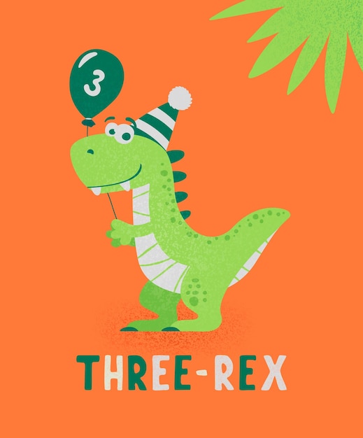 Dinosauro tirannosauro tre rex cartoon tyrex scheda di buon compleanno per un bambino per tre anni vettore simpatico e divertente cartone animato dinosauro disegnato a mano con palloncino per bambini illustrazione per bambini stampa