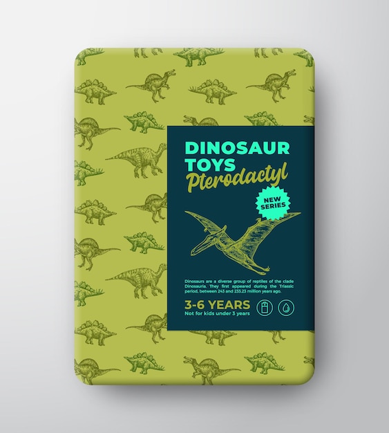 Dinosaur toys label template. abstract vector packaging design layout. hand drawn pterodactyl sketch with ancient reptile creatures pattern background and realistic shadows. isolated.