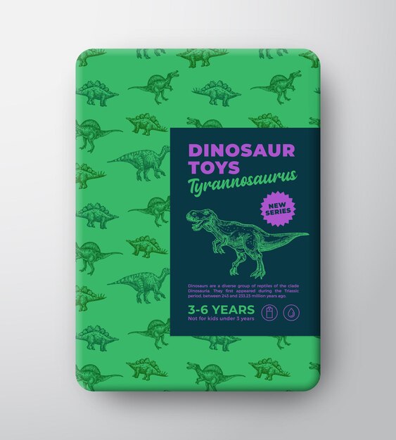 Шаблон этикетки динозавров игрушки абстрактный вектор дизайн упаковки макет рисованной тираннозавр рекс sk ...