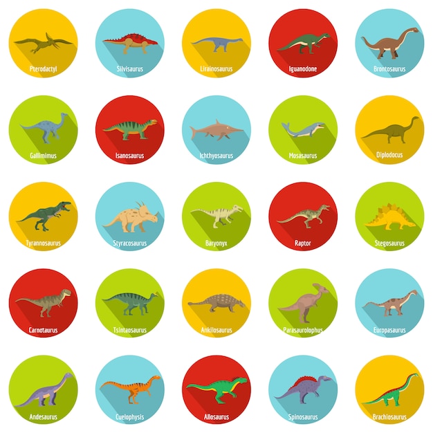 Dinosaur types signed name icons set, flat style