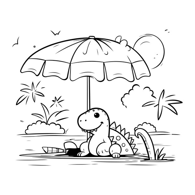 Динозавр под зонтиком Миленькая мультфильмная векторная иллюстрация Книга для раскрашивания для детей