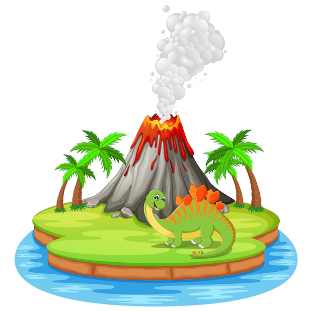 Vector dinosaur and volcano eruption