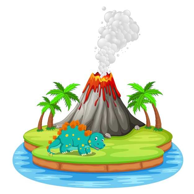 Dinosaur and volcano eruption