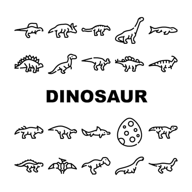 Set di icone della collezione di animali selvatici del dinosauro vettore spinosaurus e arrhinoceratops ankylosaurus e mosasaurus concetto di dinosauro preistorico pittogrammi lineari illustrazioni di contorno nero