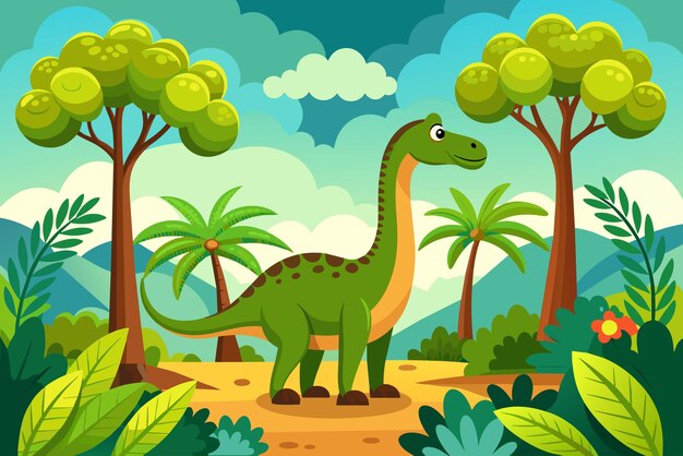 Vettore un dinosauro con un occhio verde e uno sfondo blu con alberi e piante