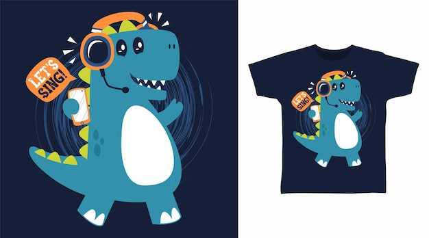 Dinosaur with headphone cartoon tshirt and apparel designs