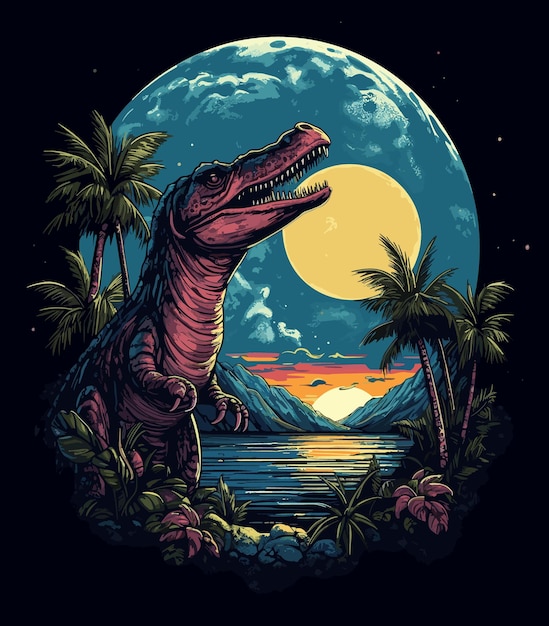 Vector a dinosaur with palm trees in the background