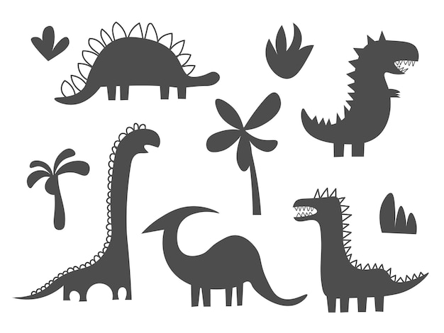 Dinosaur zwart silhouet set reptiel vorm collectie roofdieren en herbivoren dino grappige dinosaurussen kids ontwerp voor stof of textiel vectorillustratie geïsoleerd eps