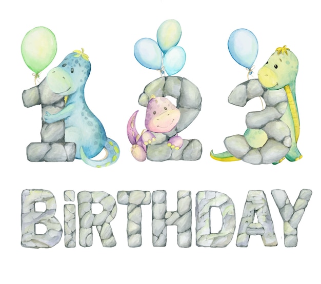 Dinosaurs balloons numbers text birthday stone texture Watercolor set of objects