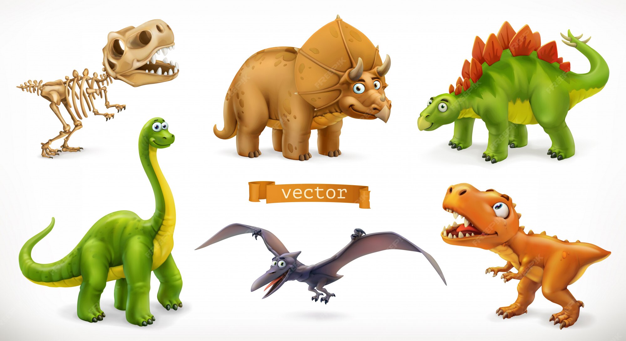 Premium Vector | Dinosaurs cartoon character. brachiosaurus, pterodactyl, tyrannosaurus rex, dinosaur skeleton, triceratops, stegosaurus. funny animal 3d icon set Premium Vector | Dinosaurs cartoon character. brachiosaurus, pterodactyl, tyrannosaurus rex, dinosaur skeleton, triceratops, stegosaurus. funny animal 3d icon set