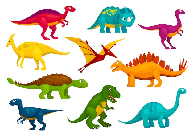공룡 만화 컬렉션. 귀여운 T-rex, Tyrannosaurus, Pterosaur, Pterodactyl 장난감 캐릭터. 벡터 동물