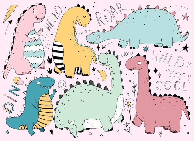 Dinosauri nel disegno a tratteggio in stile scandinavo dei cartoni animati, colore brillante. illustrazione colorata di un bambino carino