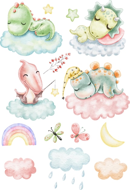 Dinosaurs clipart Set with cute watercolor dinosaurs sleep on the clouds among the stars