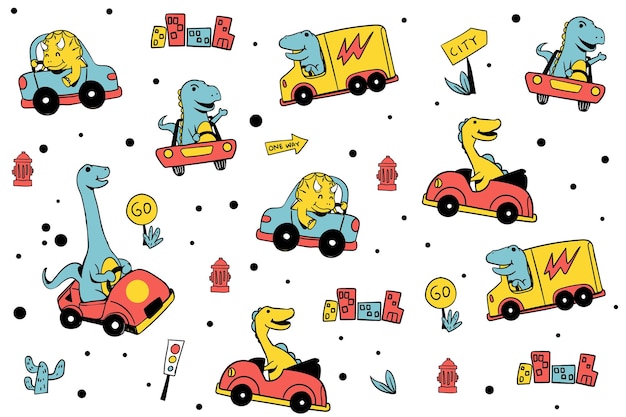 Dinosaurs Collection Set met auto- en busvervoer Leuke versterker Pop Vector Illustration