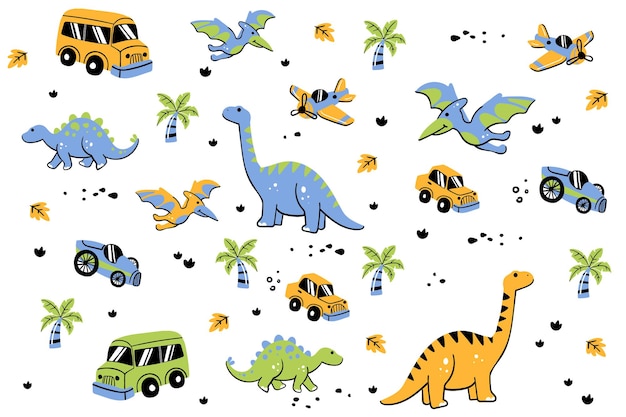 Collezione di dinosauri con illustrazione vettoriale di trasporto in autobus e aereo