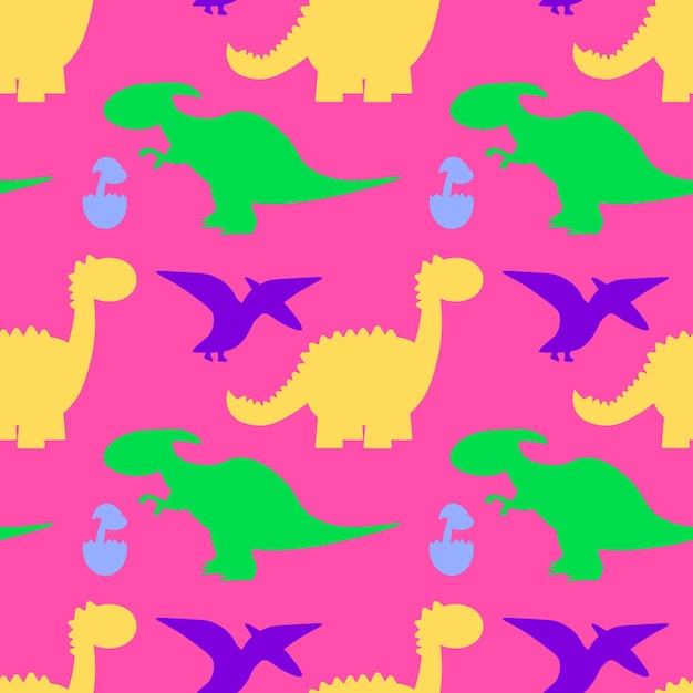 Dinosaurs and footprints vector cartoon seamless pattern on a pink background for wallpaper wrapping packing and backdrop EPS