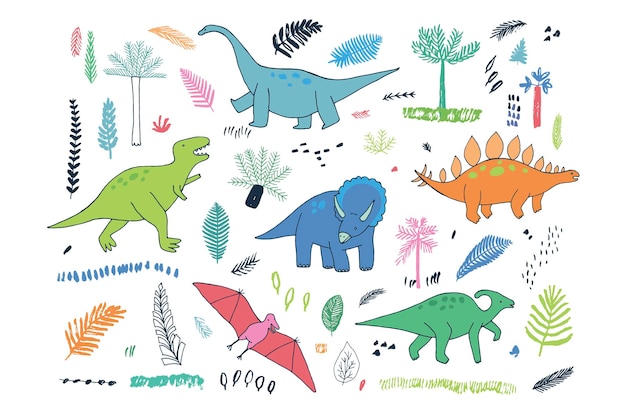 Dinosaurs illustrations vector doodle set