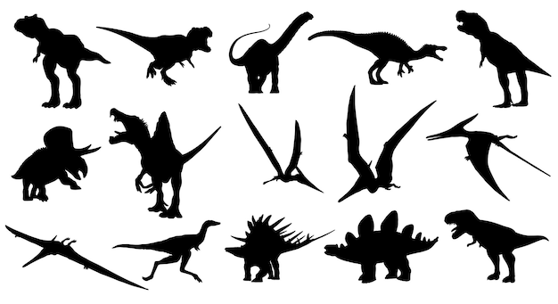 Vector dinosaurs and jurassic dino monsters vector silhouette of triceratops or trex brontosaurus