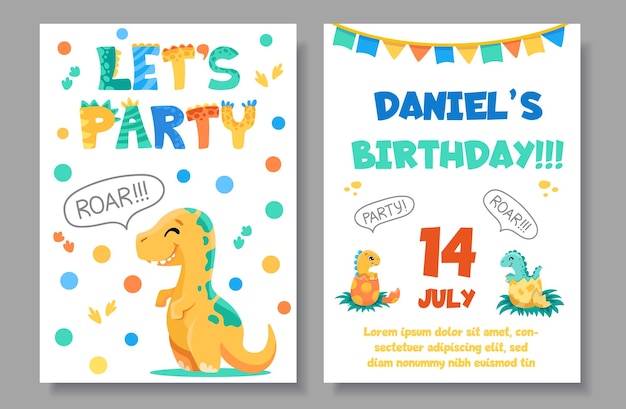 Vector dinosaurs kids birthday party invitation card template lets party poster with cute dinosaurs space
