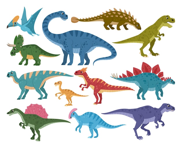 Vettore dinosauri set cartone animato antichi rettili giurassico predatori ed erbivori t rex dolce diplodocus pterodattilo brontosauro vettoriale piatto raccolta di illustrazioni dinosauri preistorici