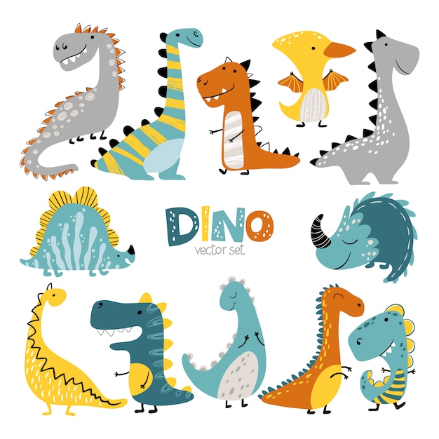 Dinosauri ambientati in stile scandinavo dei cartoni animati. l'illustrazione variopinta del bambino sveglio è ideale per la stanza dei bambini