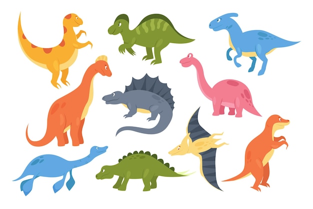 Vector dinosaurs set colorful prehistoric animal monsters baby dino paleontology collection