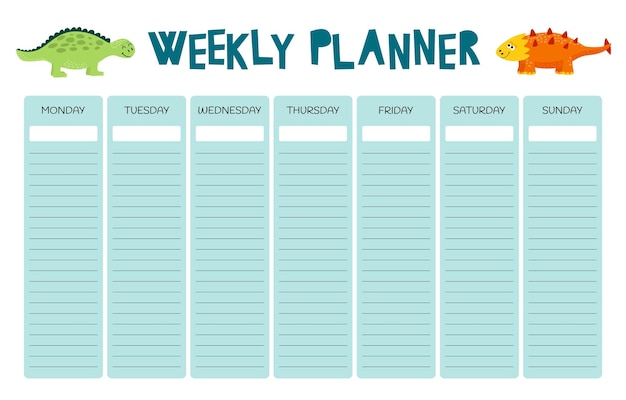 월요일부터 일요일까지 아이들을 위한 공룡 문구 주간 플래너 및 일일 주최자 귀여운 벡터 요소와 재미있는 스티커 플러스 메모 및 주말 재미있는 페이지 다채로운 그림 두 개의 공룡