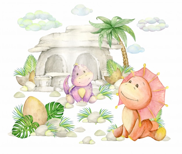 Dinosaurs, a stone house, a palm tree , eggs, shells, leaves, clouds. prehistoric world, painted in watercolor, on an isolated background.