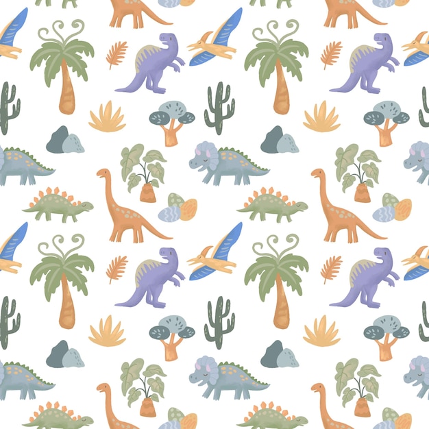 Vector dinosaurs watercolor cute baby seamless pattern